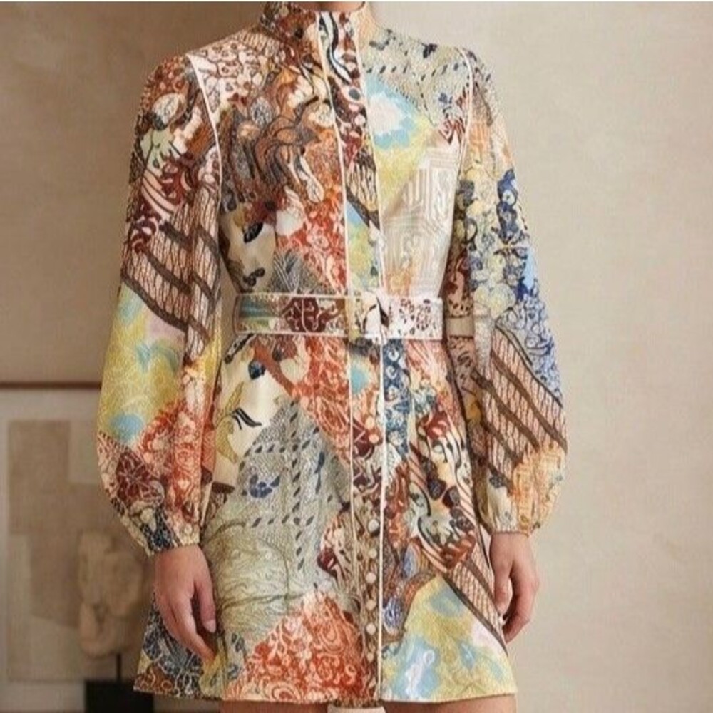 Dalia MacPhee Patchwork Mini Dress Long Sleeve Button Belted Bohemian Chic M